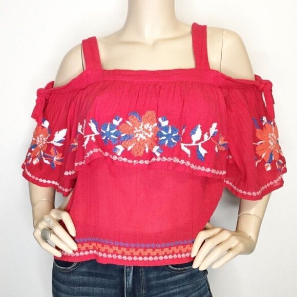 PARKER Beach Magenta Floral Embroidered Embroidery Cold Shoulder Cotton Blouse - Picture 1 of 15